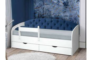 Кровать с мягкой спинкой Софа №9 синяя с бортиком 800х1600