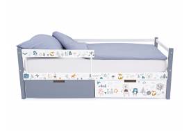 Кровать-тахта Svogen с ящиками и бортиком с фотопечатью графит-белый/мишки