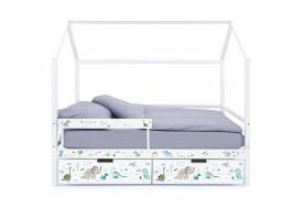 Кровать-домик Svogen с фото с ящиками и бортиком белый/динозаврики