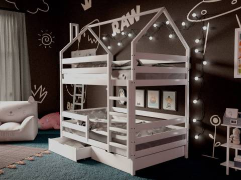 Двухъярусная кровать-домик белый 80х160 см с ящиками